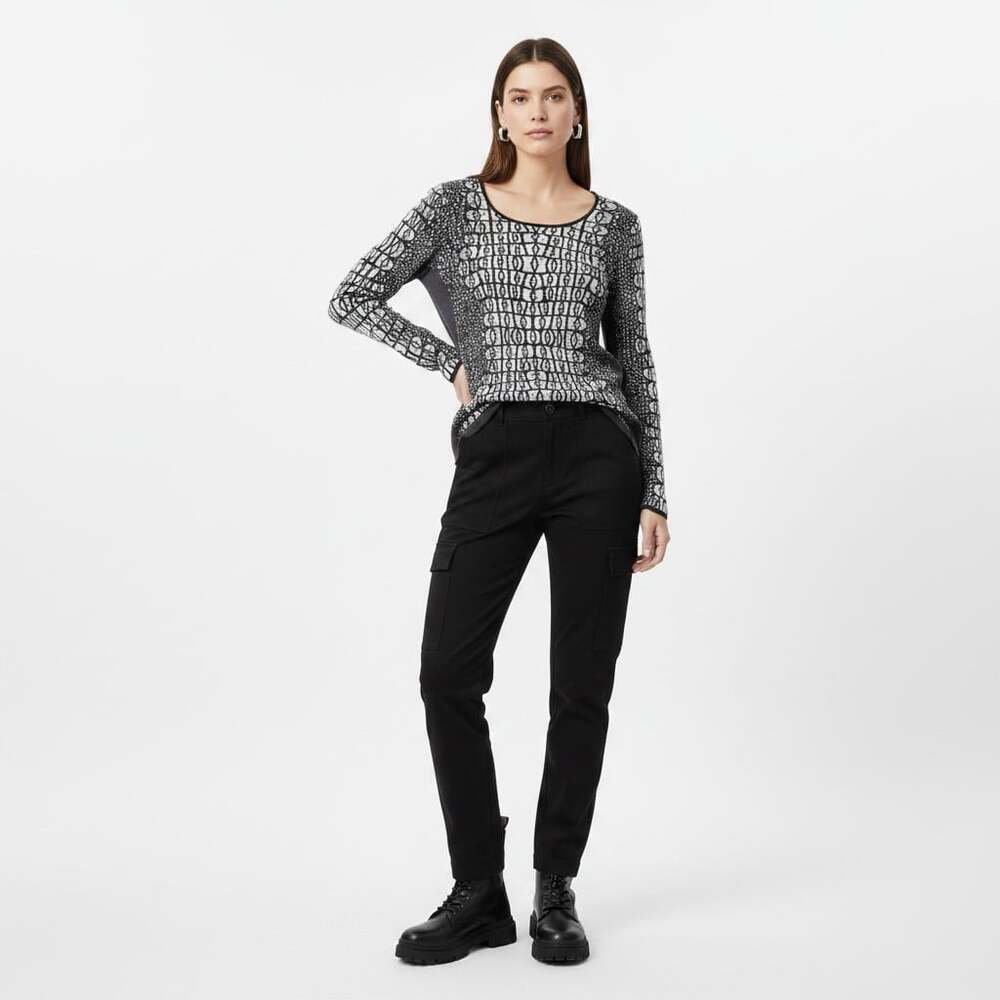 NIC+ZOE Geometric Jacquard Knit Long Sleeve Top Women XS Charcoal Cream
